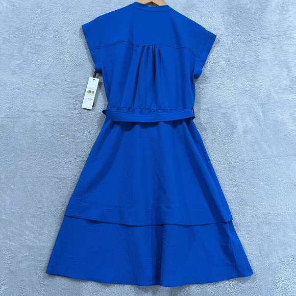 CALVIN KLEIN Dress 4 Blue Button Front Belted Ruffle‎ Short Sleeve Preppy $134 - Picture 2 of 9